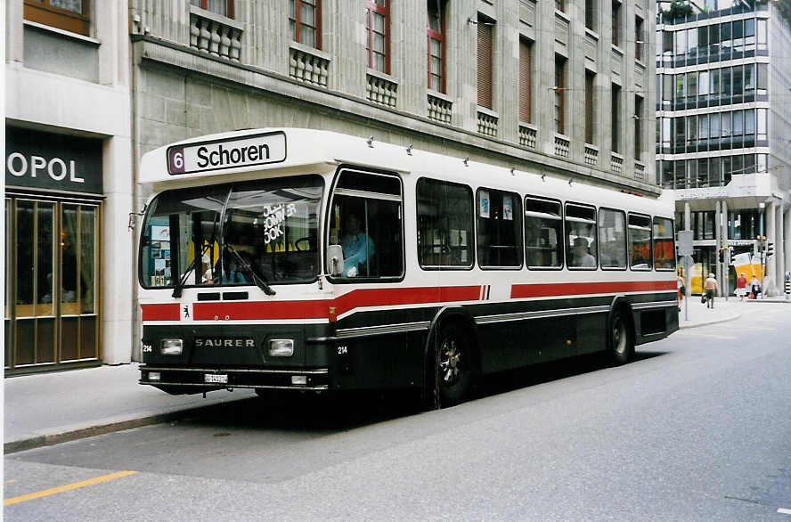 (034'719) - VBSG St. Gallen - Nr. 214/SG 141'214 - Saurer/Hess am 19. Juli 1999 beim Bahnhof St. Gallen