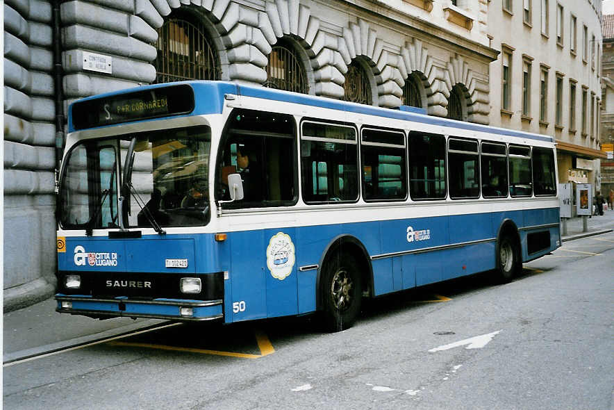 (046'031) - ACT Lugano - Nr. 50/TI 102'421 - Saurer/R&J (ex VBZ Zrich Nr. 271) am 23. April 2001 in Lugano, Centro