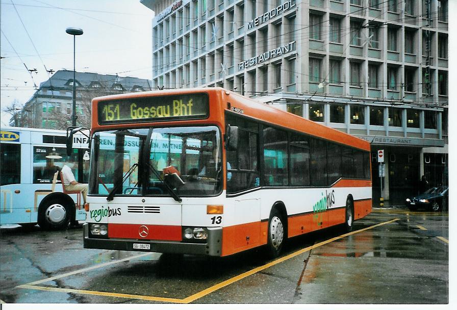 (103'324) - Regiobus, Gossau - Nr. 13/SG 38'472 - Mercedes am 7. Januar 2008 beim Bahnhof St. Gallen