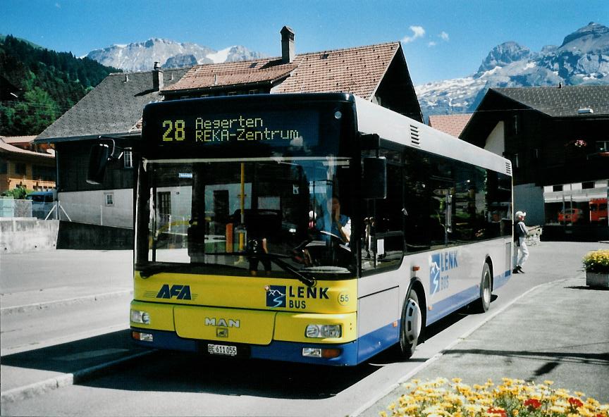 (109'028) - AFA Adelboden - Nr. 55/BE 611'055 - MAN/Gppel am 10. Juli 2008 beim Bahnhof Lenk