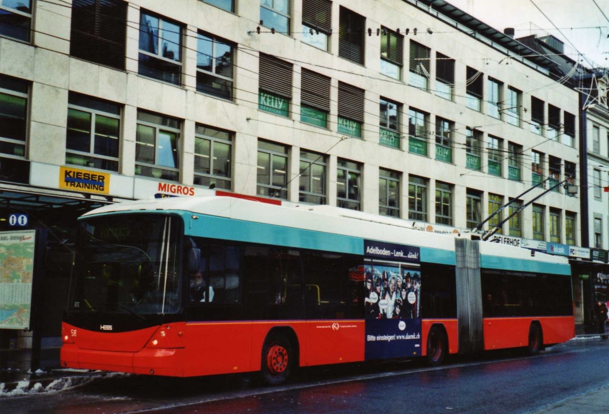 (123'226) - VB Biel - Nr. 58 - Hess/Hess Gelenktrolleybus am 23. Dezember 2009 in Biel, Guisanplatz