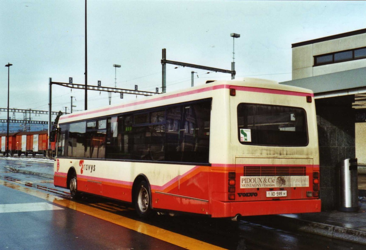 (123'302) - TRAVYS Yverdon - VD 599 - Volvo/Berkhof (ex TPYG Yverdon) am 23. Dezember 2009 beim Bahnhof Yverdon