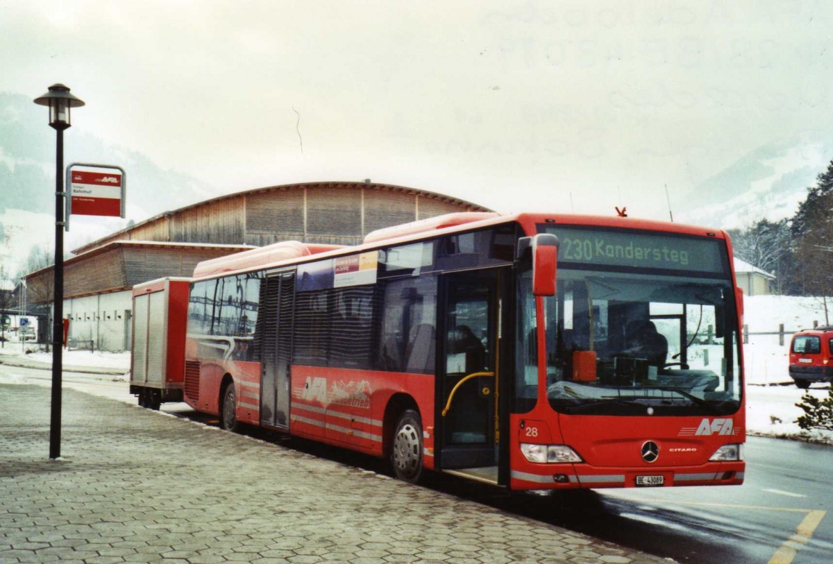 (124'036) - AFA Adelboden - Nr. 28/BE 43'049 - Mercedes am 10. Januar 2010 beim Bahnhof Frutigen