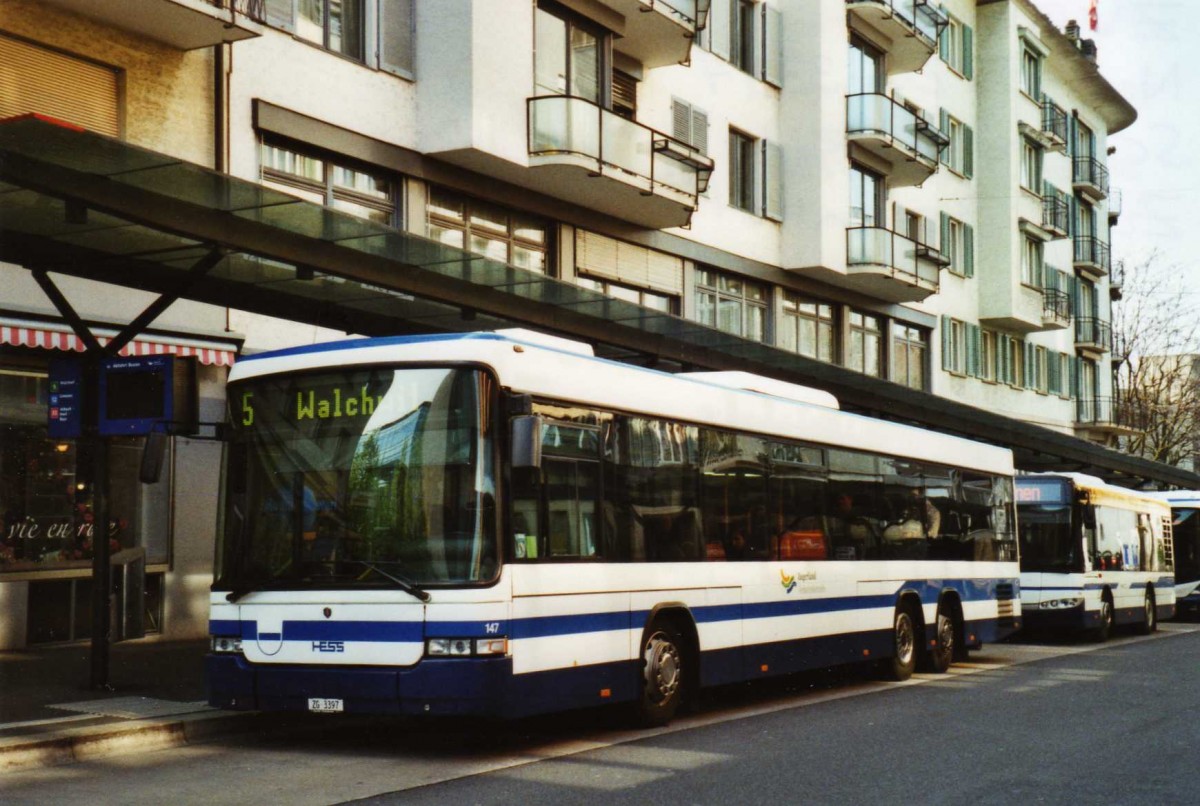 (125'613) - ZVB Zug - Nr. 147/ZG 3397 - Scania/Hess am 24. April 2010 beim Bahnhof Zug