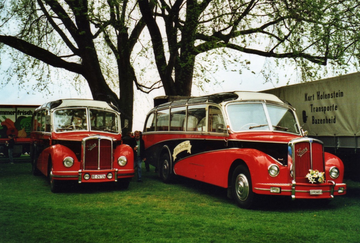 (126'009) - Gafner, Gwatt - Nr. 9/BE 26'724 - Saurer/R&J (ex ASKA Aeschi Nr. 9) + Peter, Luthern Bad - LU 91'665 U - Saurer/R&J (ex Schneider, Langendorf; ex Feller, Luterbach; ex ASKA Aeschi Nr. 10) am 1. Mai 2010 in Arbon, Arbon Classics