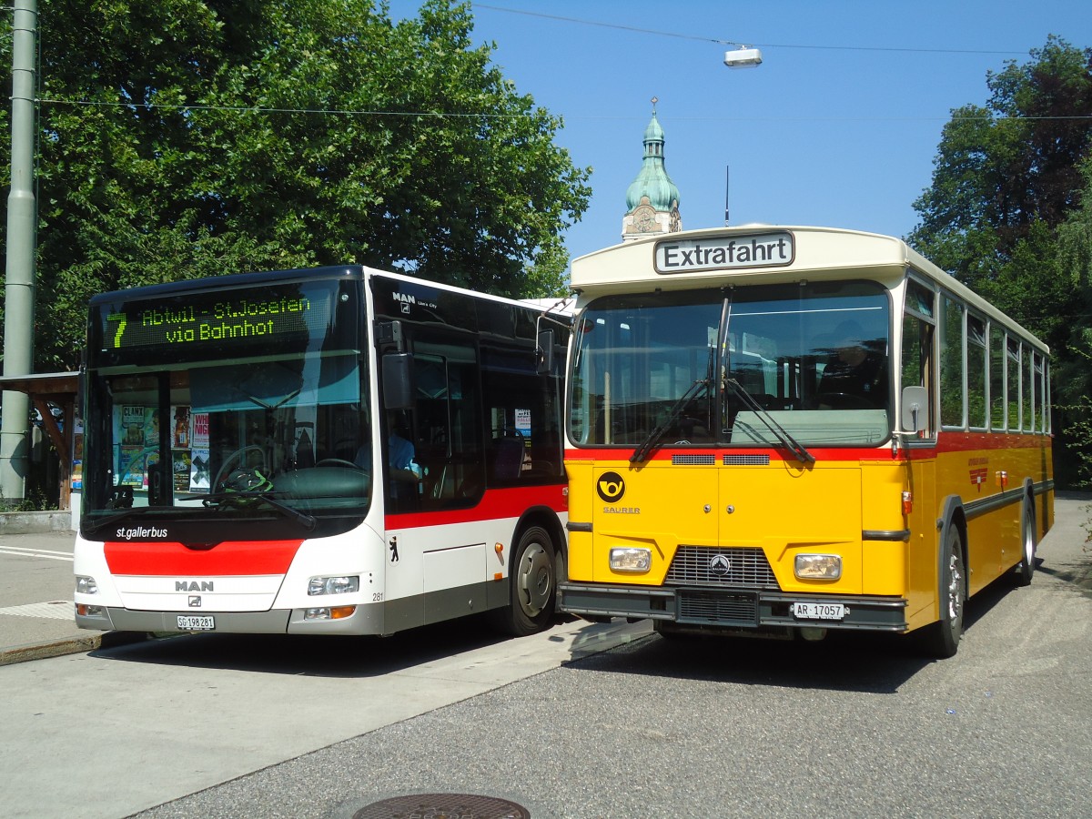 (128'864) - St. Gallerbus, St. Gallen - Nr. 281/SG 198'281 - MAN + Osthues, Teufen - Nr. 15/AR 17'057 - Saurer/Leyland-Hess (ex AVG Grindelwald Nr. 15; ex RhV Altsttten Nr. 42) am 21. August 2010 in St. Gallen, Neudorf