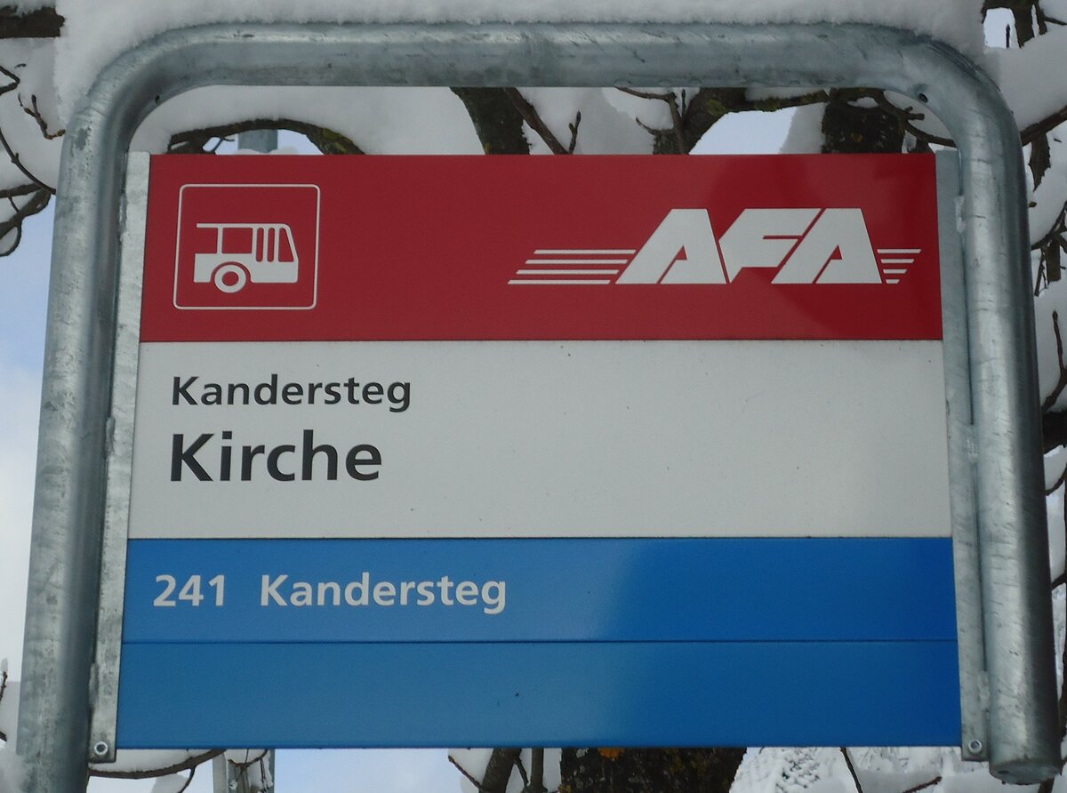 (131'686) - AFA-Haltestellenschild - Kandersteg, Kirche - am 26. Dezember 2010