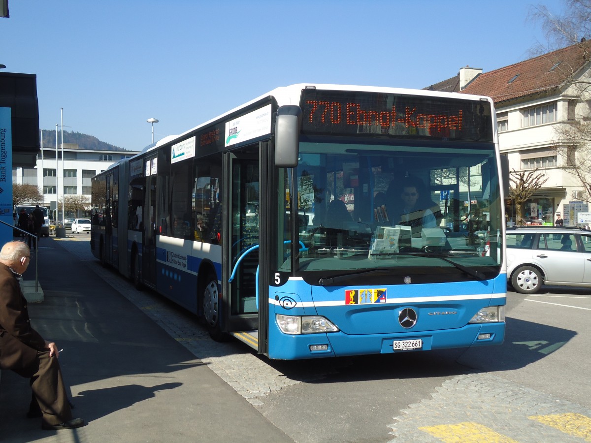 (133'155) - BLWE Wattwil - Nr. 5/SG 322'661 - Mercedes am 23. Mrz 2011 beim Bahnhof Wattwil