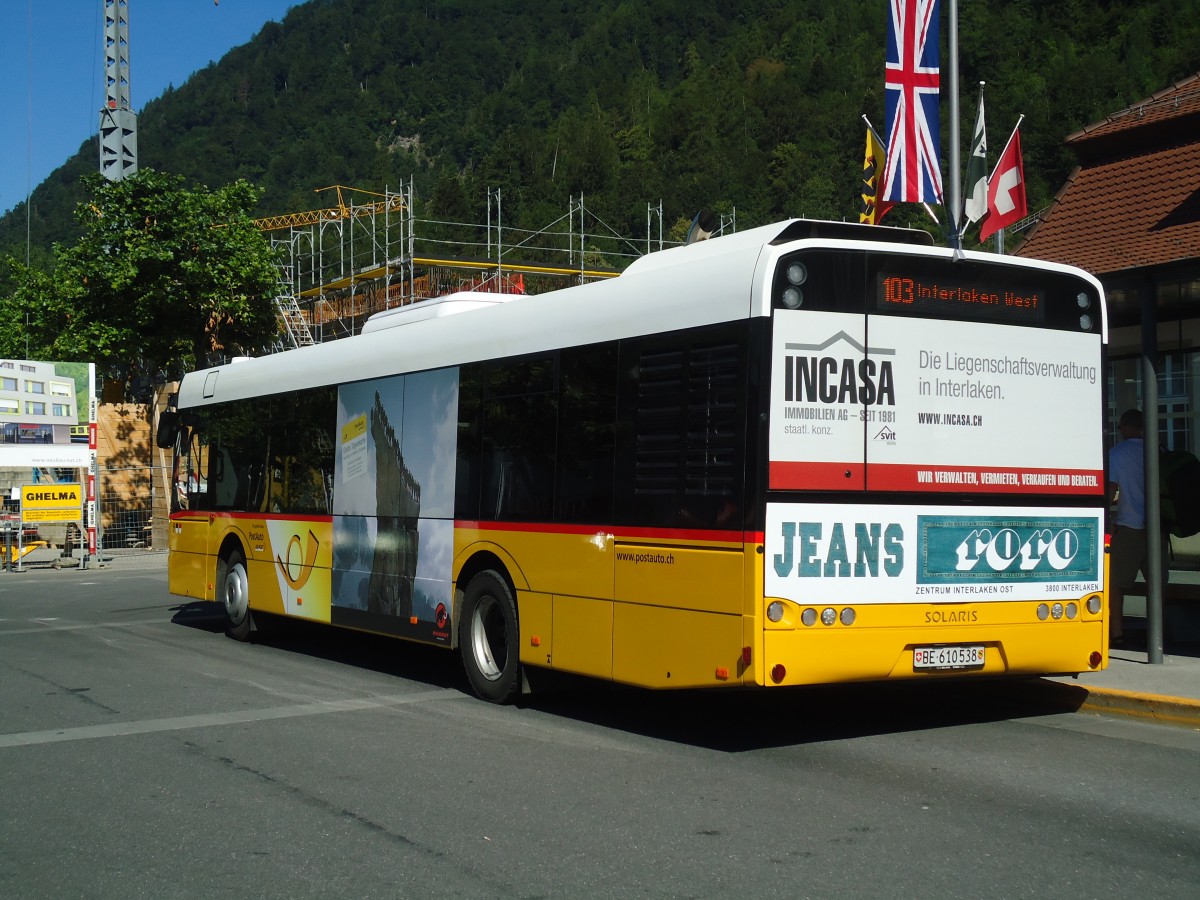 (134'665) - PostAuto Bern - BE 610'538 - Solaris am 3. Juli 2011 beim Bahnhof Interlaken Ost