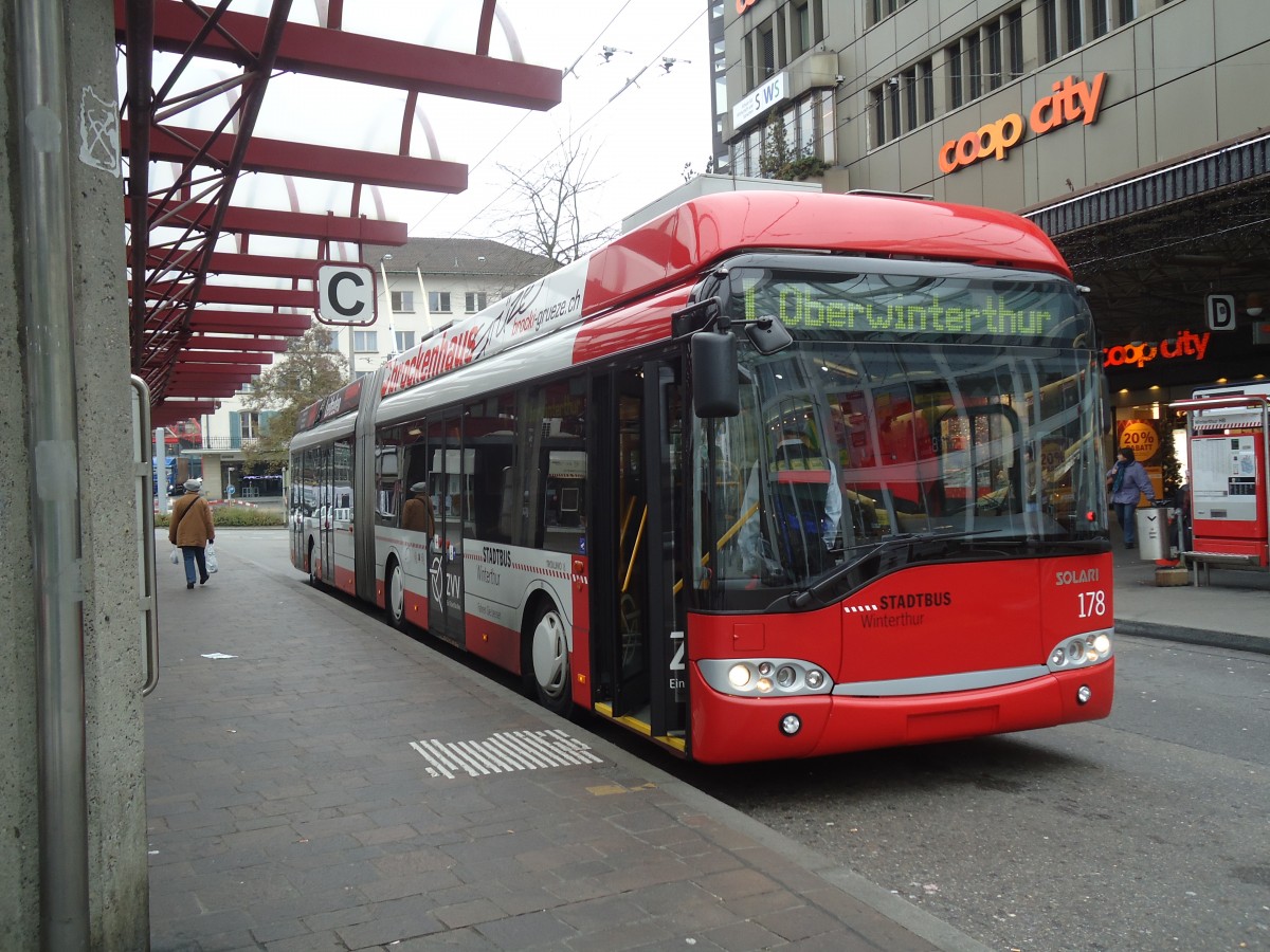 (136'959) - SW Winterthur - Nr. 178 - Solaris Gelenktrolleybus am 24. November 2011 beim Hauptbahnhof Winterthur