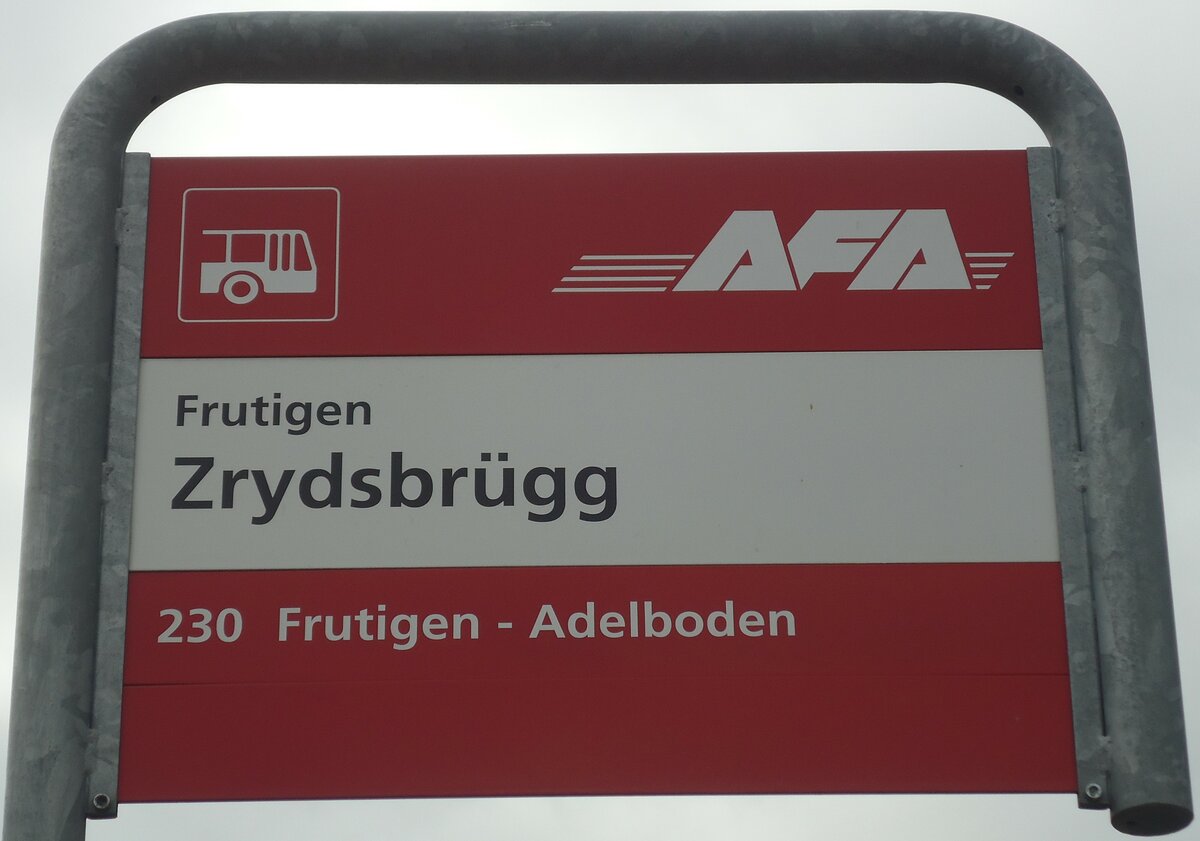 (138'453) - AFA-Haltestellenschild - Frutigen, Zrydsbrgg - am 6. April 2012