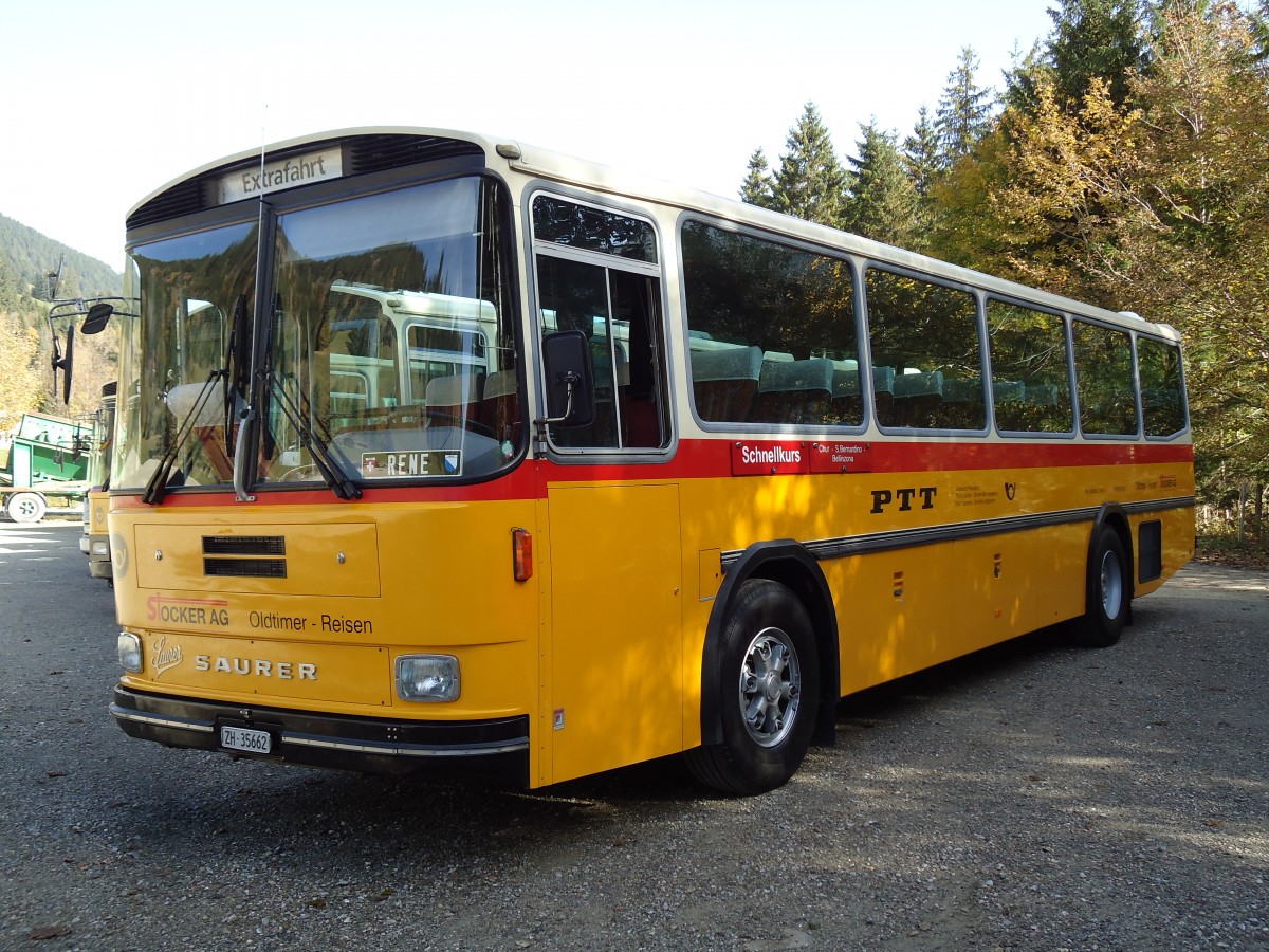 (142'043) - Stocker, Ottikon - ZH 35'662 - Saurer/R&J (ex Eberle, Wittenbach; ex Richter, Ossingen; ex P 25'350) am 21. Oktober 2012 in Schwarzsee, Schwyberg