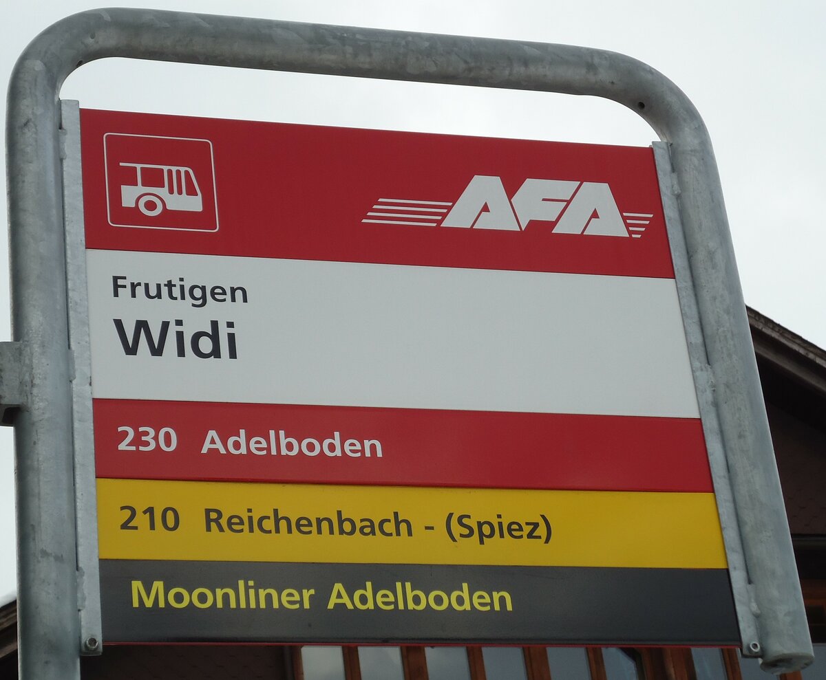 (142'550) - AFA/PostAuto-Haltestellenschild - Frutigen, Widi - am 16. Dezember 2012