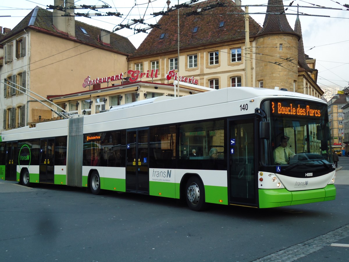 (142'722) - transN, La Chaux-de-Fonds - Nr. 140 - Hess/Hess Gelenktrolleybus (ex TN Neuchtel Nr. 140) am 29. Dezember 2012 in Neuchtel, Place Pury