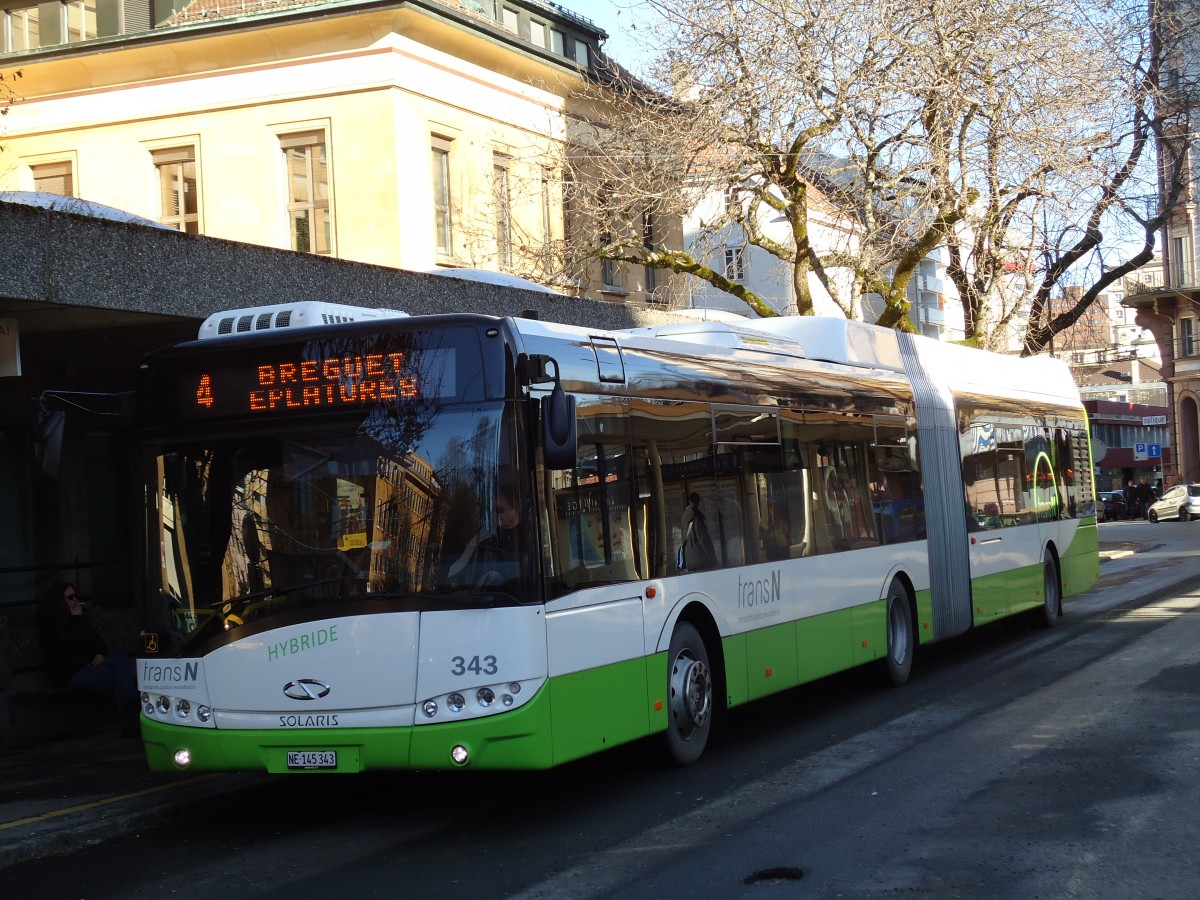 (142'780) - transN, La Chaux-de-Fonds - Nr. 343/NE 145'343 - Solaris am 29. Dezember 2012 beim Bahnhof La Chaux-de-Fonds