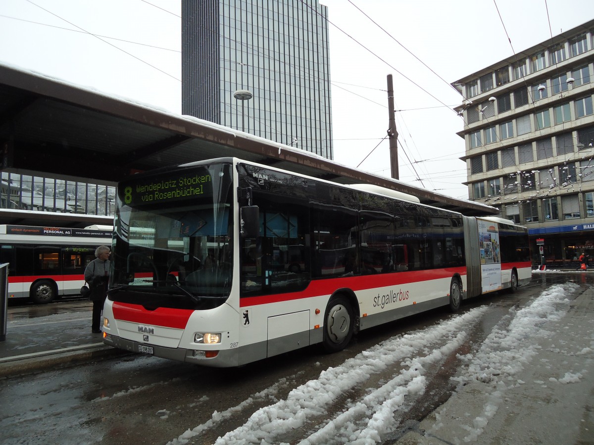 (143'661) - St. Gallerbus, St. Gallen - Nr. 287/SG 198'287 - MAN am 20. April 2013 beim Bahnhof St. Gallen