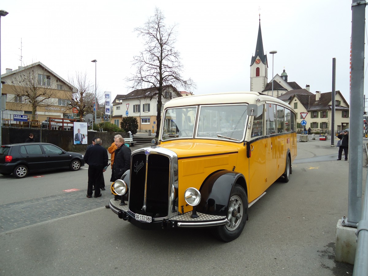 (143'707) - Baumgartner, Horn - Nr. 4/SG 112'580 - Saurer/Saurer (ex Nr. 2; ex Mckli, Basadingen; ex Diverse Besitzer; ex OAK Wangen a.A. Nr. 10; ex P 23'082; ex P 2134) am 20. April 2013 beim Bahnhof Goldach