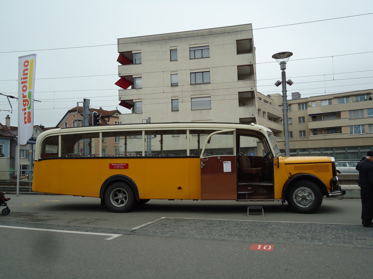 (143'710) - Baumgartner, Horn - Nr. 4/SG 112'580 - Saurer/Saurer (ex Nr. 2; ex Mckli, Basadingen; ex Diverse Besitzer; ex OAK Wangen a.A. Nr. 10; ex P 23'082; ex P 2134) am 20. April 2013 beim Bahnhof Goldach