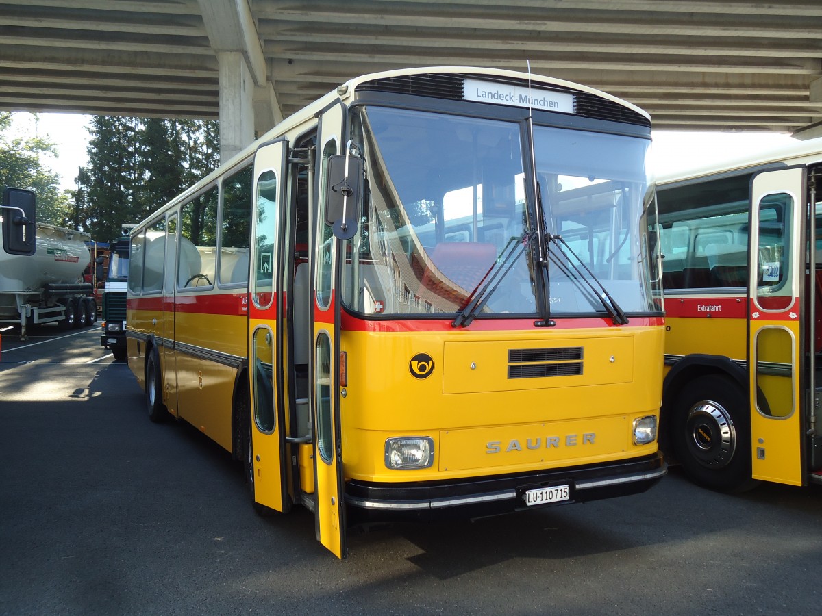 (145'805) - Amstein, Willisau - LU 110'715 - Saurer/Tscher (ex Allemann, Niederbipp; ex Semadeni, Poschiavo; ex Kasper, Poschiavo; ex PostAuto Graubnden; ex P 24'285) am 20. Juli 2013 in Seewen, Senn Transporte