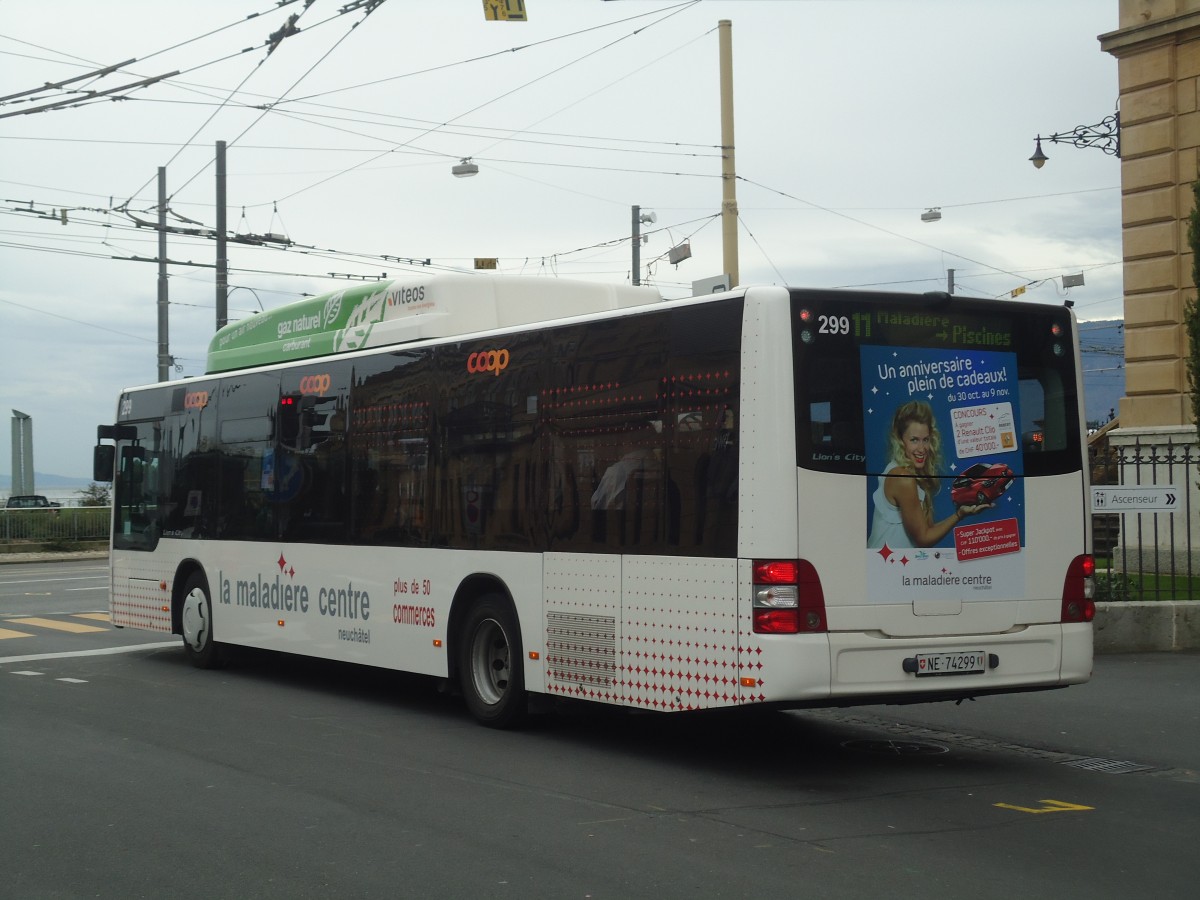 (147'996) - transN, La Chaux-de-Fonds - Nr. 299/NE 74'299 - MAN (ex TN Neuchtel Nr. 299) am 8. November 2013 in Neuchtel, Place Pury