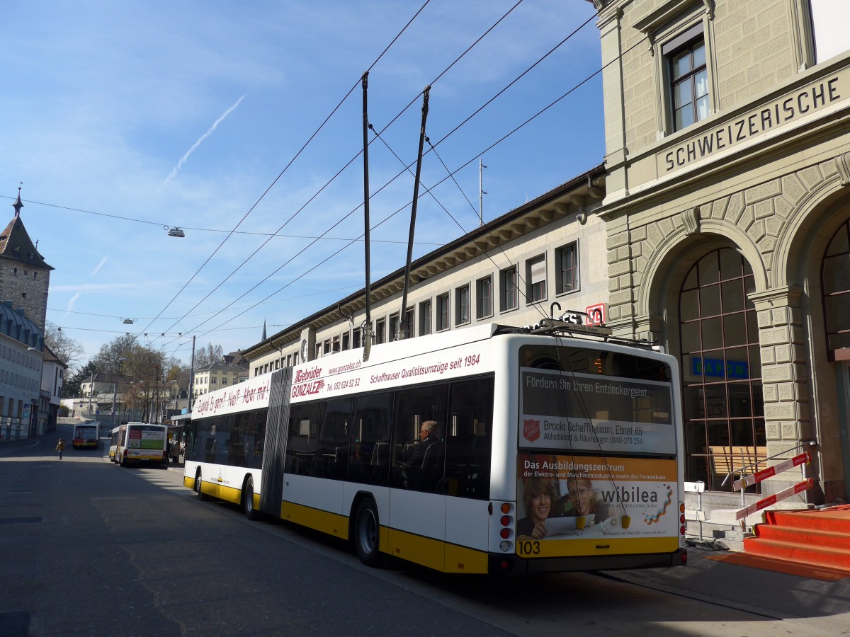 (149'403) - VBSH Schaffhausen - Nr. 103 - Hess/Hess Gelenktrolleybus am 29. Mrz 2014 beim Bahnhof Schaffhausen