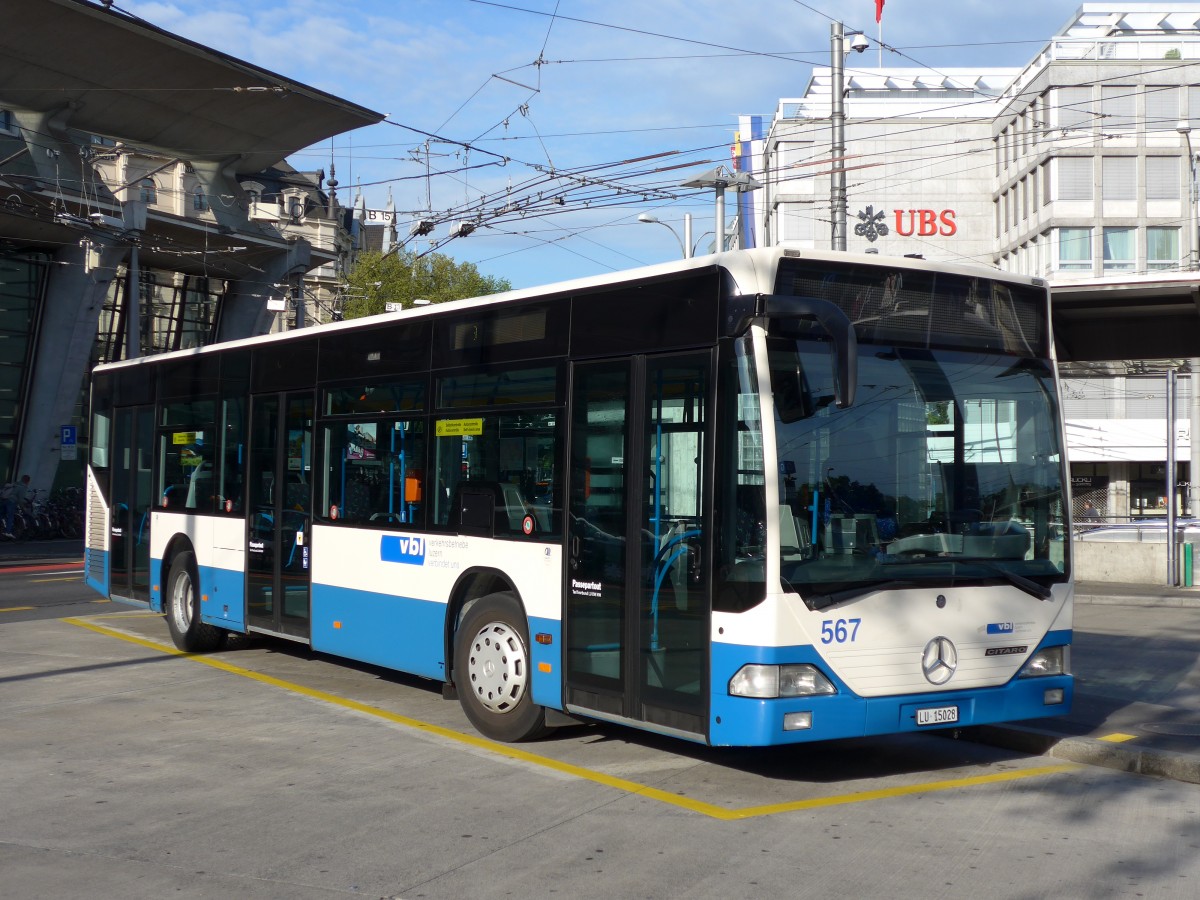 (150'523) - VBL Luzern - Nr. 567/LU 15'028 - Mercedes (ex Gowa, Luzern Nr. 67) am 10. Mai 2014 beim Bahnhof Luzern