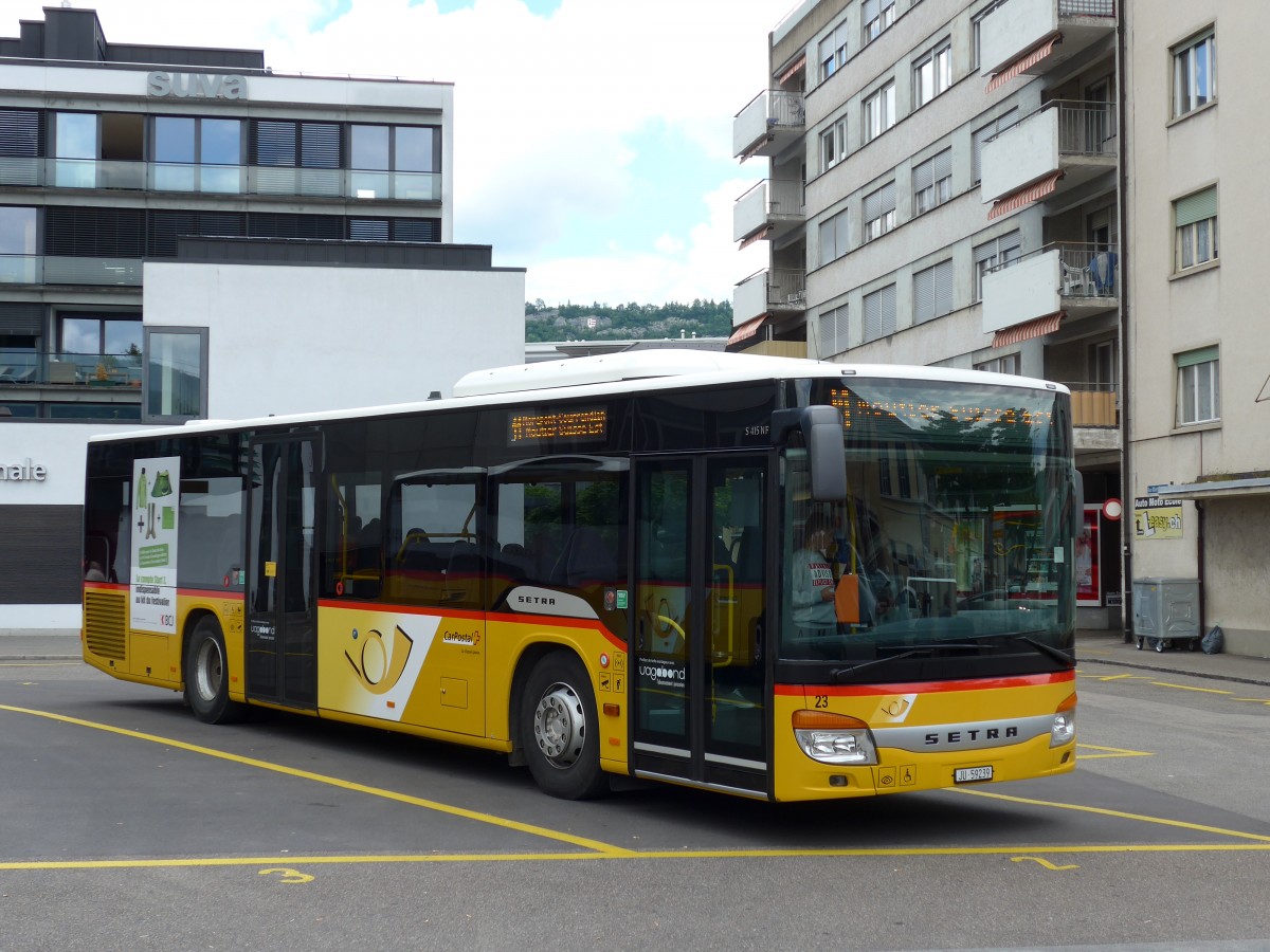 (151'048) - CarPostal Ouest - Nr. 23/JU 59'239 - Setra am 29. Mai 2014 in Delmont, Place de la Poste