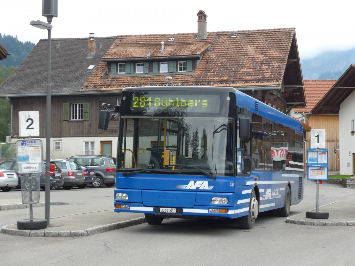 (153'476) - AFA Adelboden - Nr. 56/BE 611'030 - MAN/Gppel am 27. Juli 2014 beim Bahnhof Lenk