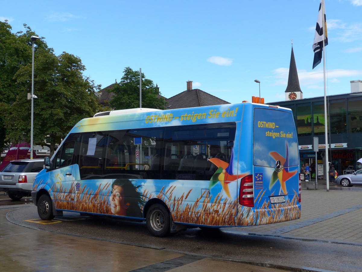 (153'930) - BSW Sargans - Nr. 301/SG 138'232 - Mercedes (ex WilMobil, Wil Nr. 202; ex BOS Wil Nr. 32) am 16. August 2014 beim Bahnhof Wil (Einsatz WilMobil)