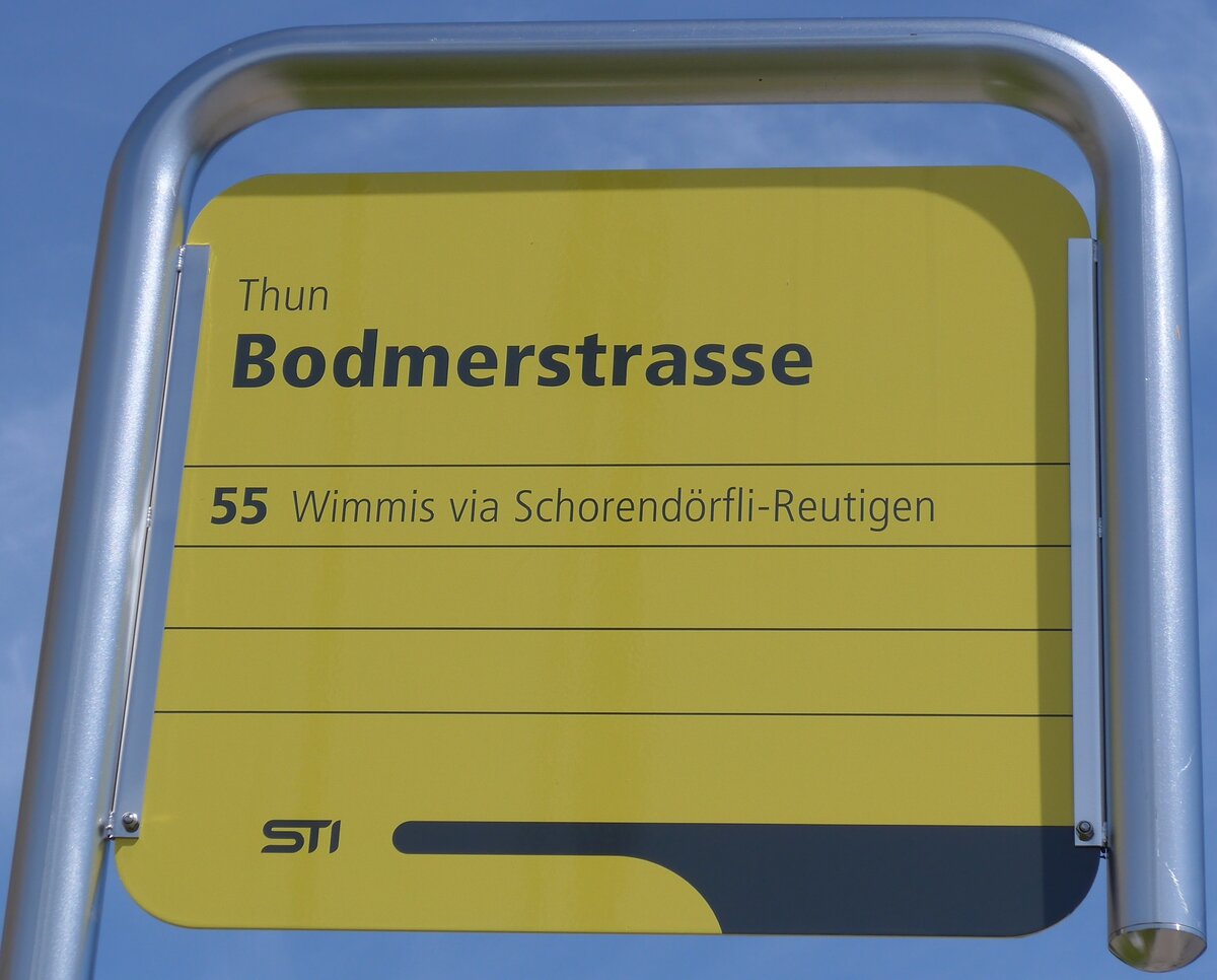 (153'949) - STI-Haltestellenschild - Thun, Bodmerstrasse - am 17. August 2014