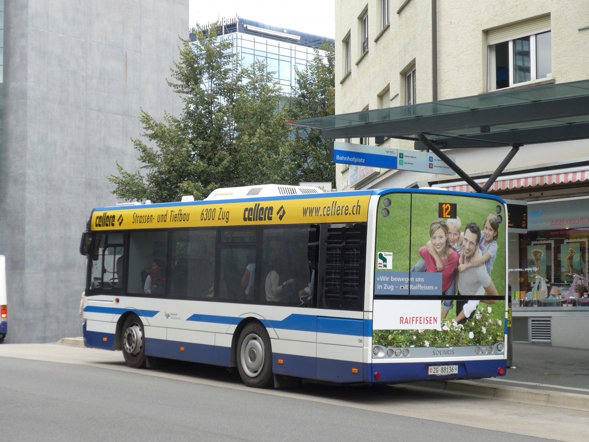 (154'113) - ZVB Zug - Nr. 136/ZG 88'136 - Solaris am 19. August 2014 beim Bahnhof Zug