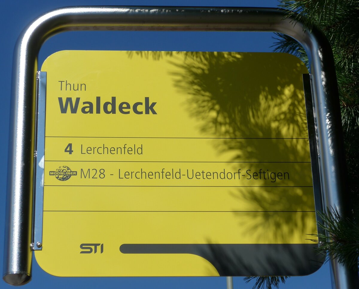 (155'265) - STI-Haltestellenschild - Thun, Waldeck - am 14. September 2014