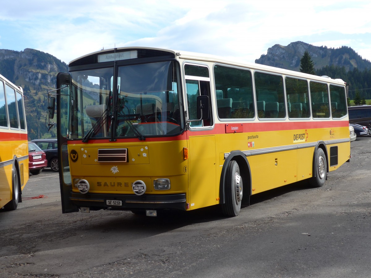 (155'654) - Fssler, Unteriberg - Nr. 6/SZ 5232 - Saurer/R&J (ex Schrch, Gutenburg Nr. 6; ex P 24'358) am 12. Oktober 2014 in Willerzell, Rest. Sattelegg