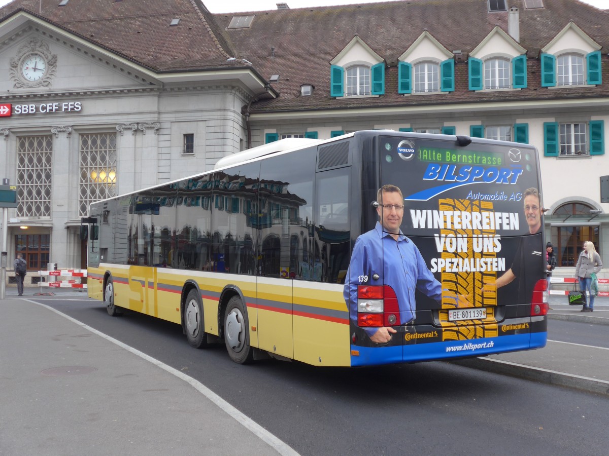 (157'613) - STI Thun - Nr. 139/BE 801'139 - MAN am 6. Dezember 2014 beim Bahnhof Thun