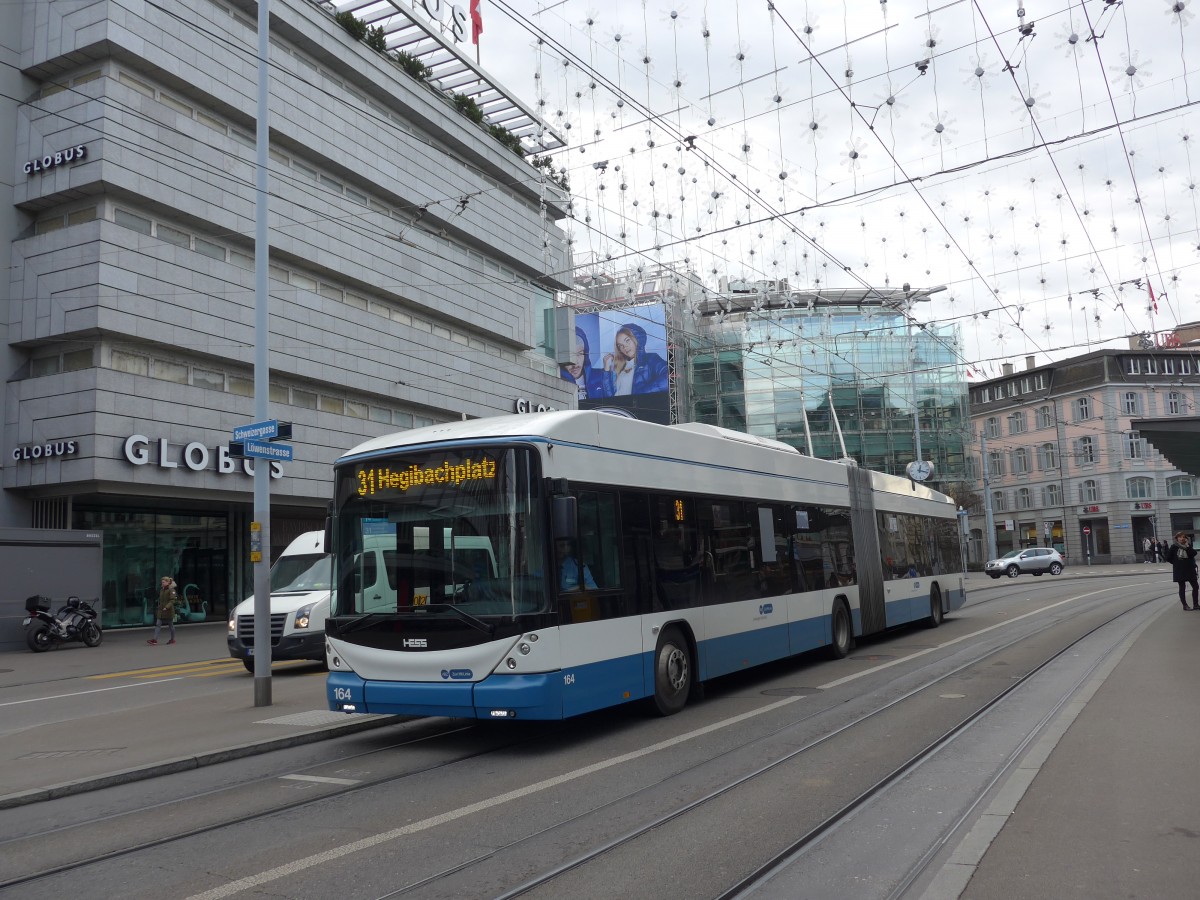 (157'737) - VBZ Zrich - Nr. 164 - Hess/Hess Gelenktrolleybus am 14. Dezember 2014 in Zrich, Lwenplatz