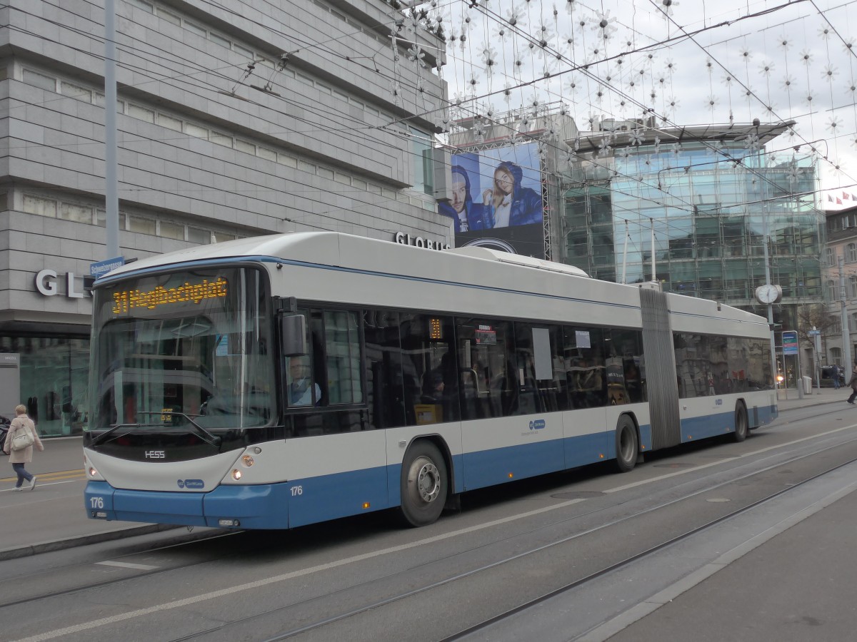 (157'744) - VBZ Zrich - Nr. 176 - Hess/Hess Gelenktrolleybus am 14. Dezember 2014 in Zrich, Lwenplatz