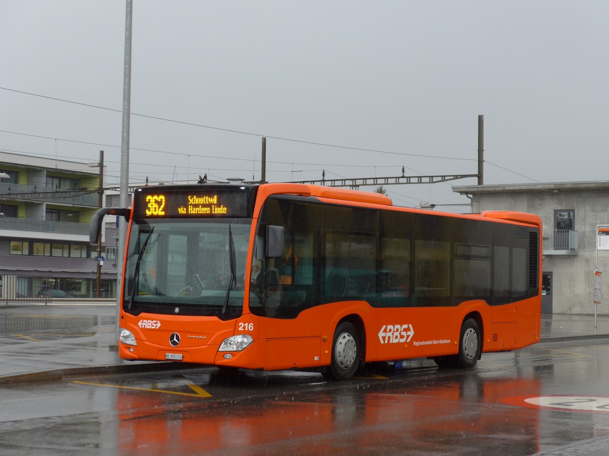 (158'946) - RBS Worblaufen - Nr. 216/BE 800'216 - Mercedes am 2. Mrz 2015 beim Bahnhof Lyss