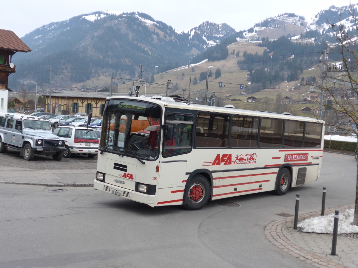 (159'201) - AFA Adelboden - Nr. 39/BE 25'753 - NAW/R&J (ex Nr. 18; ex Autopostale, Mendrisio Nr. 38; ex Piotti, Balerna Nr. 38; ex AAGI Interlaken Nr. 38; ex Schmocker, Beatenberg Nr. 3) am 16. Mrz 2015 beim Bahnhof Zweisimmen