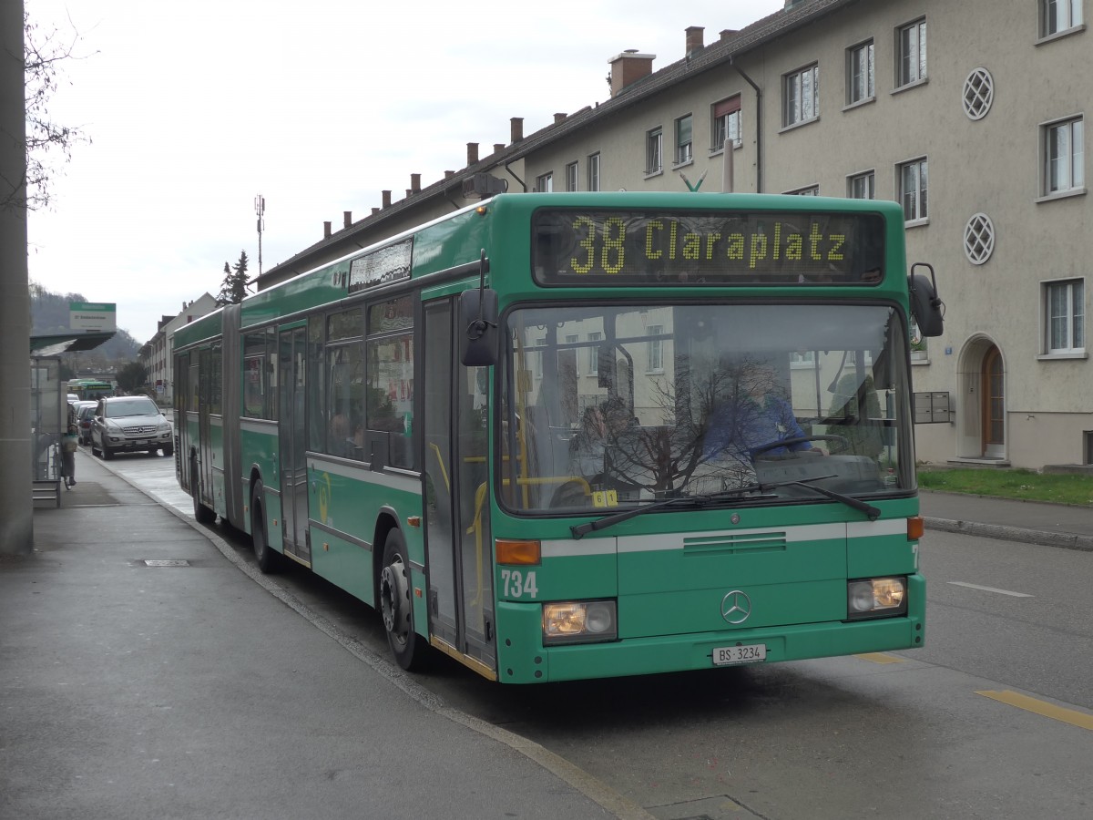 (159'774) - BVB Basel - Nr. 734/BS 3234 - Mercedes (ex VAG Freiburg/D Nr. 933) am 11. April 2015 in Riehen, Habermatten