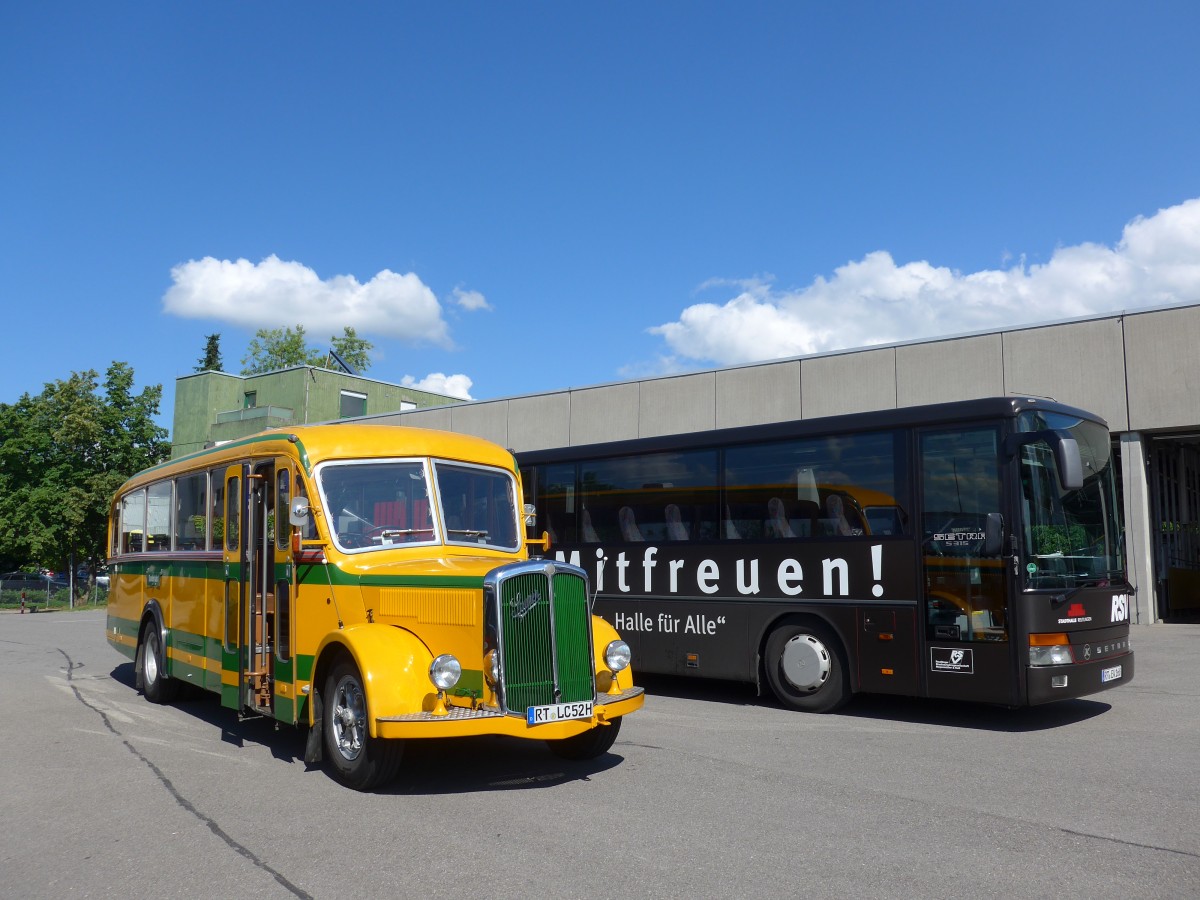 (162'547) - Hogenmller, Reutlingen - RT-LC 52H - Saurer/R&J (ex AvH Heimenschwand Nr. 1) + RSV Reutlingen - RT-EW 168 - Setra (ex AFA Adelboden Nr. 24; ex AFA Adelboden Nr. 11) am 24. Juni 2015 in Reutlingen, Betriebshof