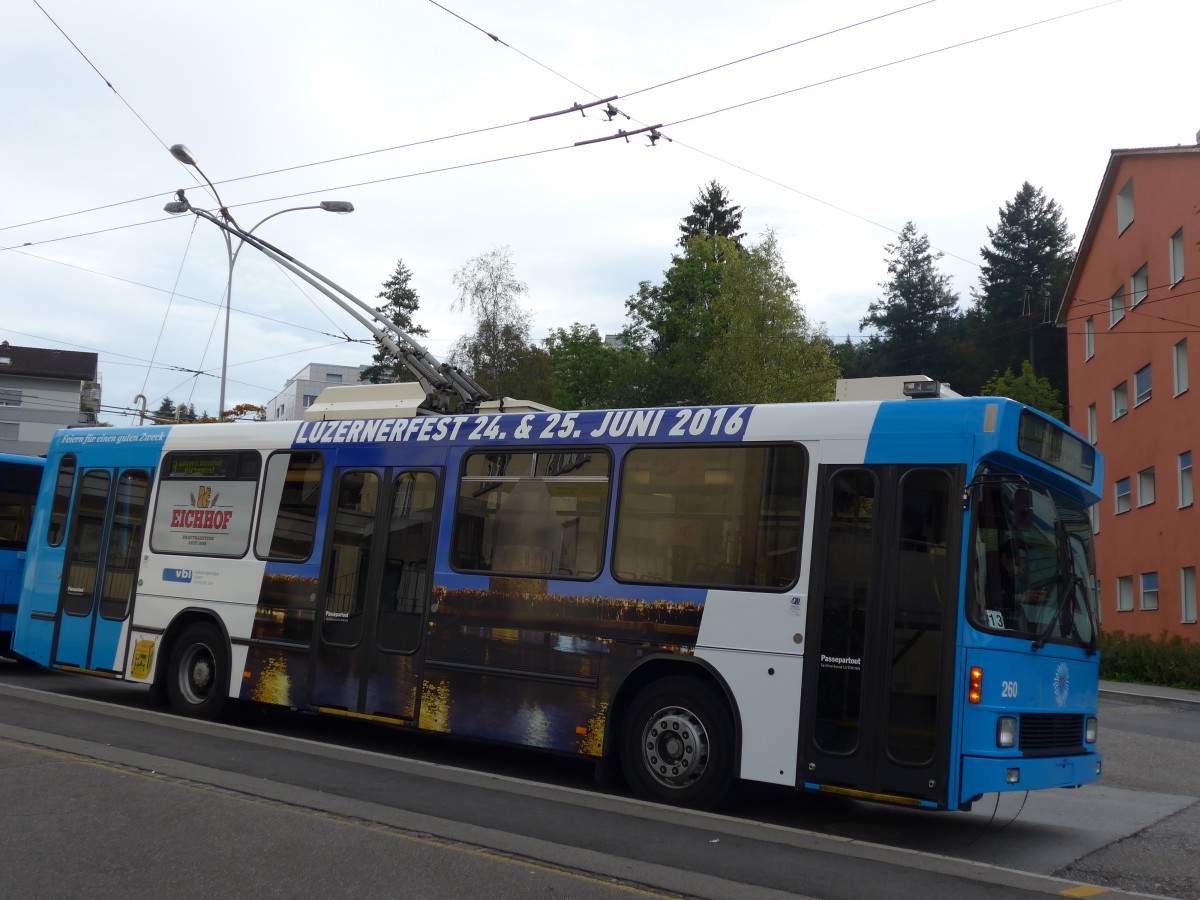 (164'857) - VBL Luzern - Nr. 260 - NAW/R&J-Hess Trolleybus am 16. September 2015 in Luzern, Wrzenbach