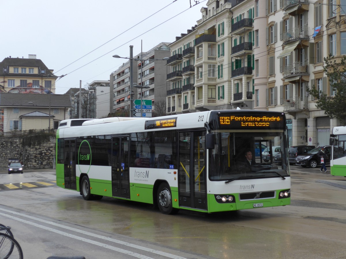 (168'788) - transN, La Chaux-de-Fonds - Nr. 212/NE 89'212 - Volvo (ex TN Neuchtel Nr. 212) am 20. Februar 2016 beim Bahnhof Neuchtel