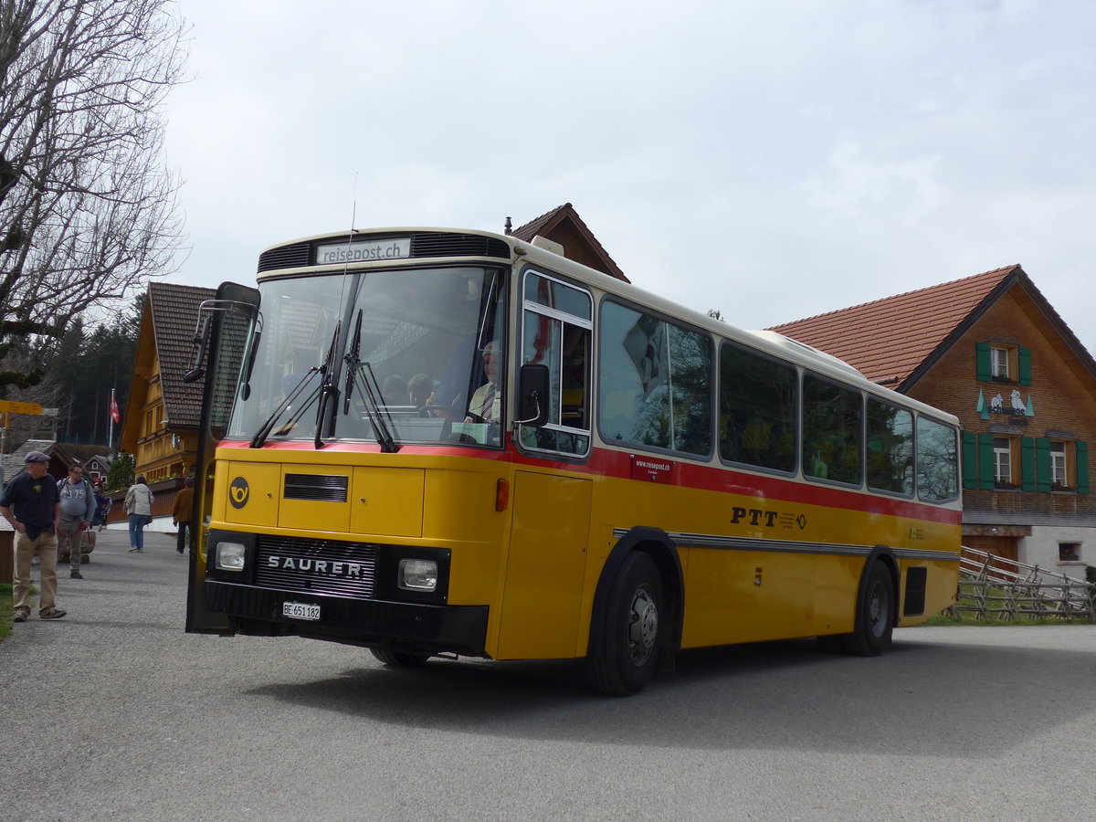 (169'672) - Bernair, Mnsingen - BE 651'182 - Saurer/Tscher (ex Schebath, Lauerz; ex Albin, Fllanden; ex Heim, Flums) am 2. April 2016 in Teufen, Restaurant Waldegg