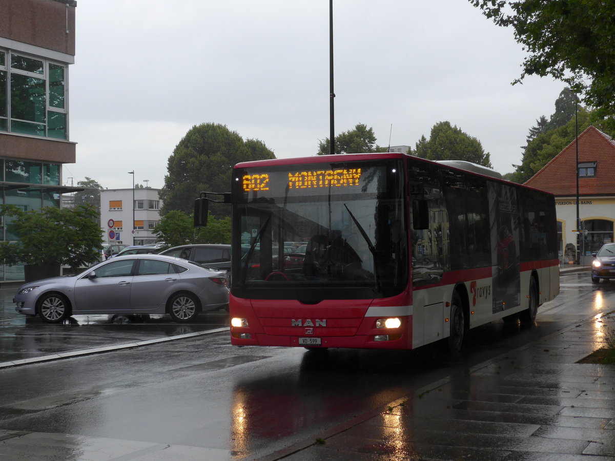 (172'999) - TRAVYS Yverdon - VD 599 - MAN am 14. Juli 2016 beim Bahnhof Yverdon