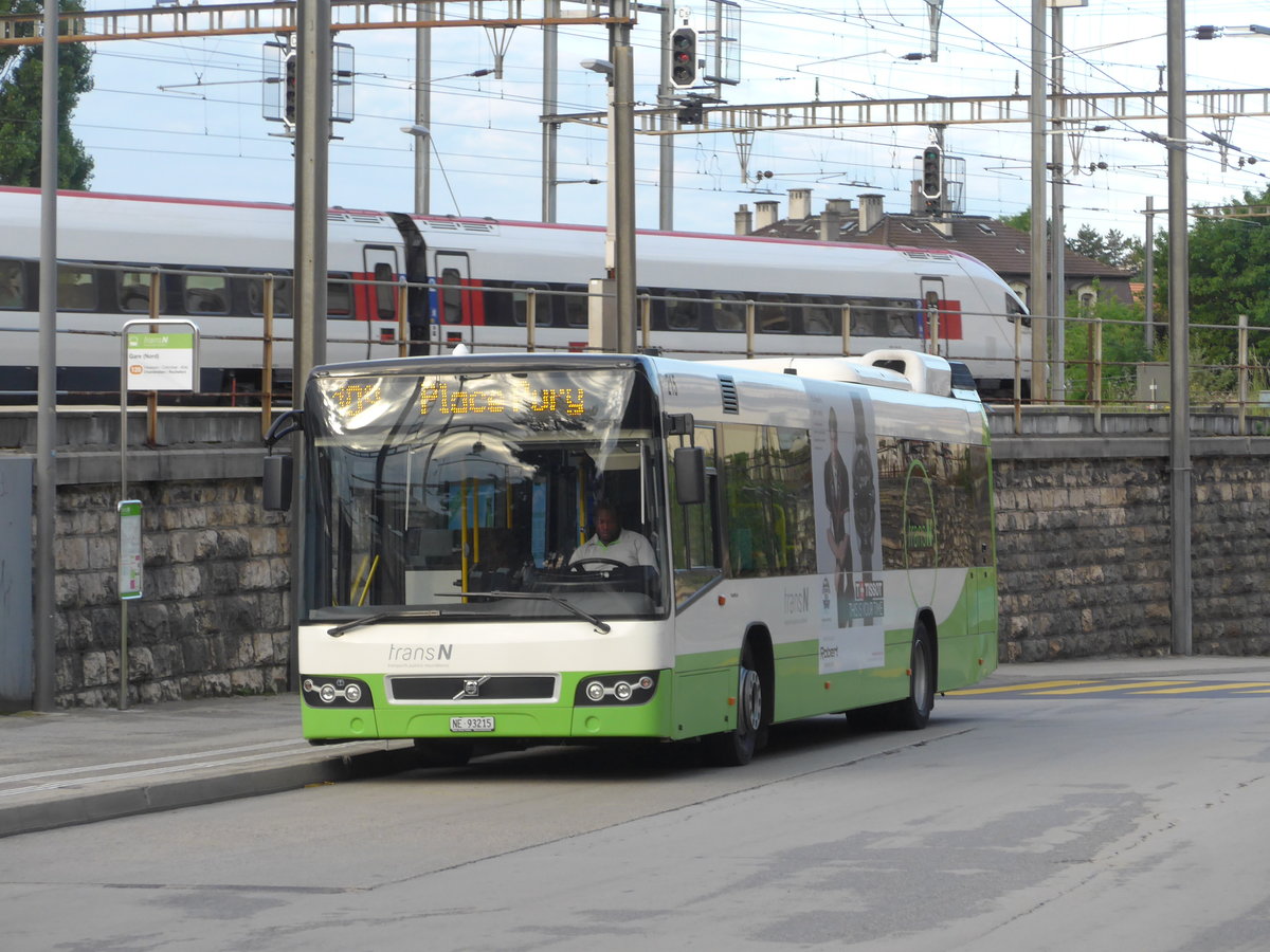 (173'538) - transN, La Chaux-de-Fonds - Nr. 215/NE 93'215 - Volvo (ex TN Neuchtel Nr. 215) am 1. August 2016 beim Bahnhof Neuchtel