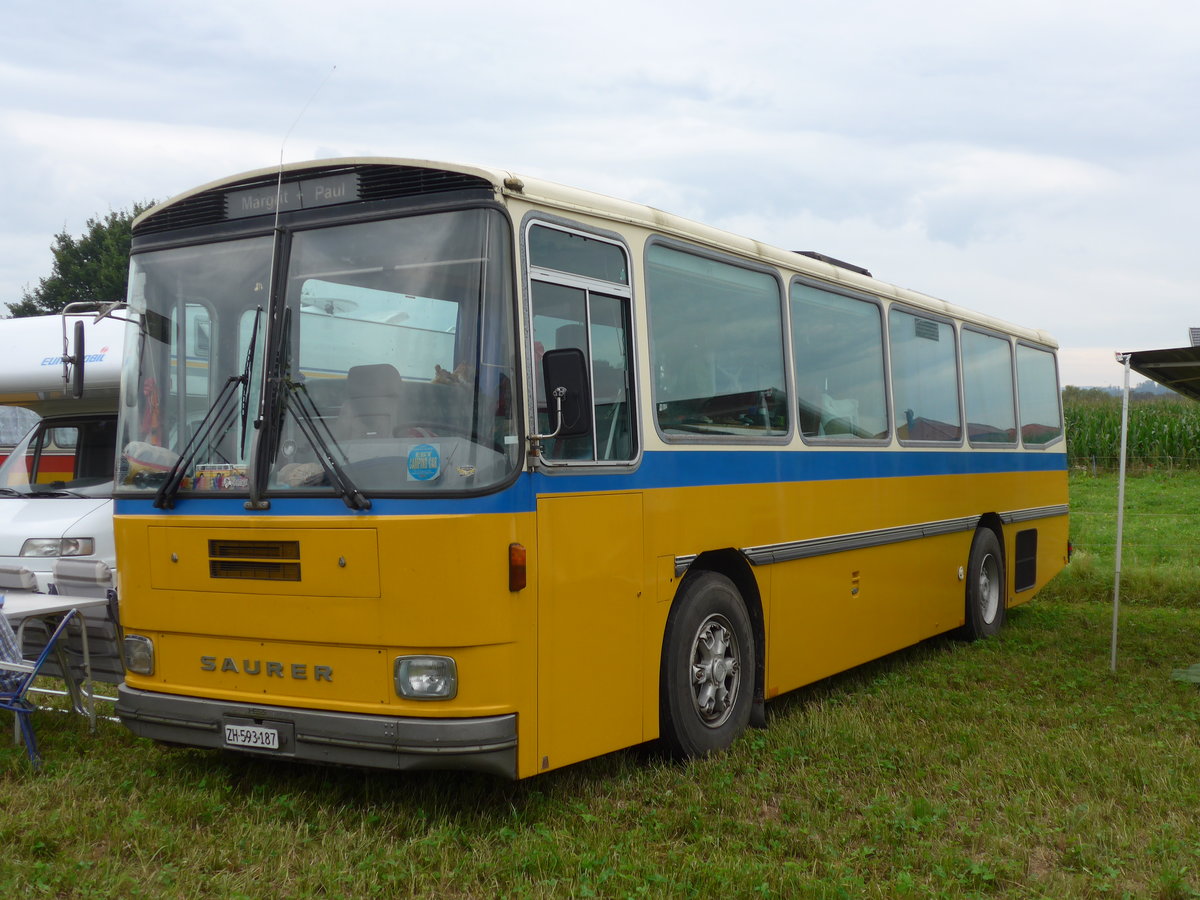 (173'974) - Aus der Schweiz: Metz, Watt - ZH 593'187 - Saurer/Tscher (ex P 24'267) am 20. August 2016 in Bsingen, Bahnhof