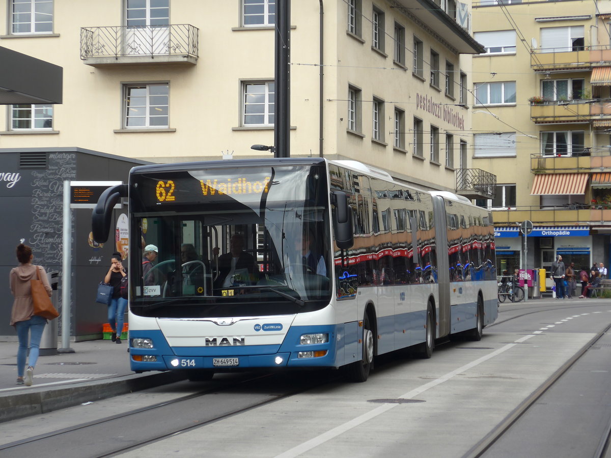 (174'638) - VBZ Zrich - Nr. 514/ZH 649'514 - MAN am 5. September 2016 beim Bahnhof Zrich-Oerlikon