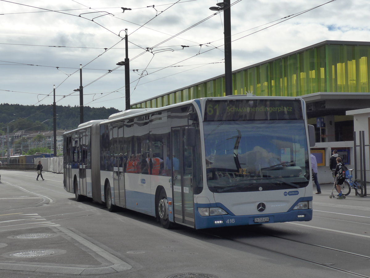 (174'644) - VBZ Zrich - Nr. 416/ZH 745'416 - Mercedes am 5. September 2016 beim Bahnhof Zrich-Oerlikon