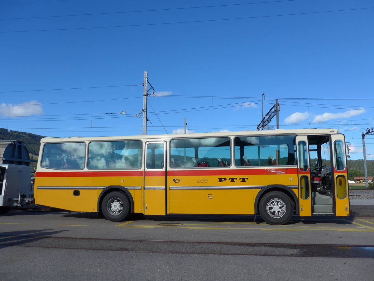 (175'396) - Schmid, Thrishaus - BE 26'206 - Saurer/Tscher (ex P 24'244) am 2. Oktober 2016 beim Bahnhof Glovelier