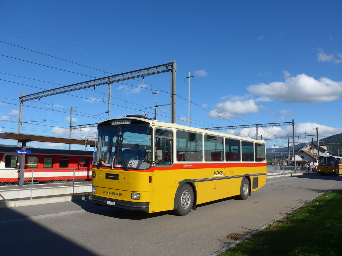 (175'401) - Schmid, Glarus - GL 4012 - Saurer/Tscher (ex Mosimann, Aesch; ex Erne, Full; ex P 24'257) am 2. Oktober 2016 beim Bahnhof Glovelier